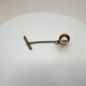 Vintage 90s Hickok Pearl Tie Tack Lapel Pin Gold Tone T-Bar Safety Chain Jewelry